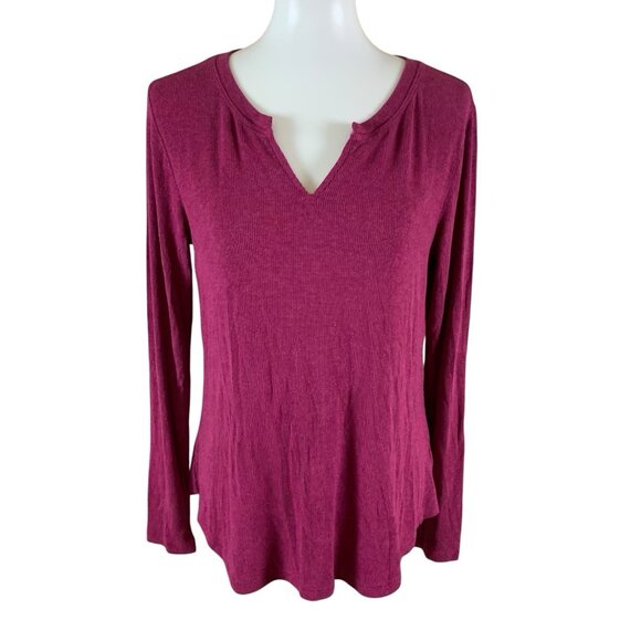 Cabi Maroon Ribbed Long Sleeve Top M Notch Neck Stretchy Basic Layering - Picture 1 of 4